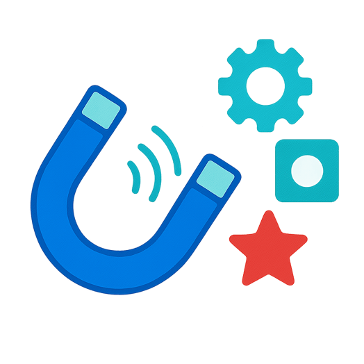 A conceptual flat vector illustration of a Custom Features Magnets The style is minimalist with clean lines using a color palette of royal blue pale a-1