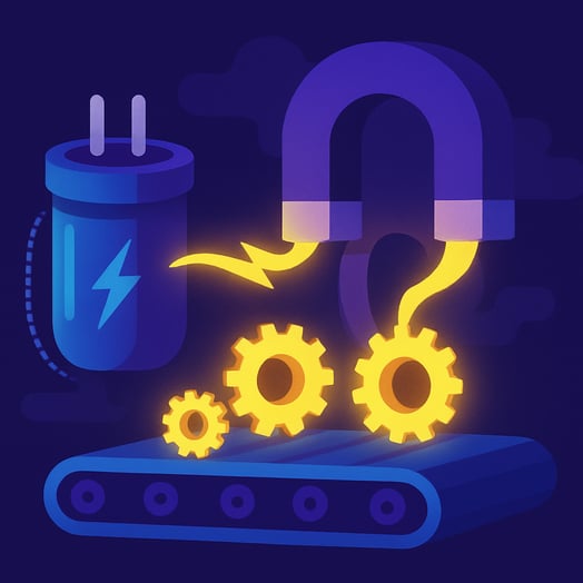 A conceptual flat vector illustration of a advantages of a pulse magentizer The color palette features electric blues and deep purples for the capacit-1
