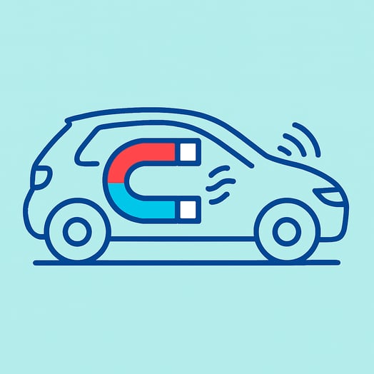 A conceptual flat vector illustration of a magnetizer in an EV The style is minimalist with clean lines and a color palette of royal blue strong cyan