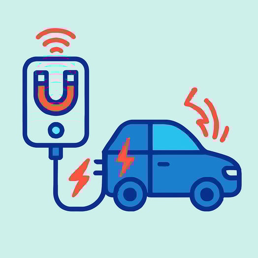 A conceptual flat vector illustration of a magnetizer in an EV and capacitive discharge  The style is minimalist with clean lines and a color palette