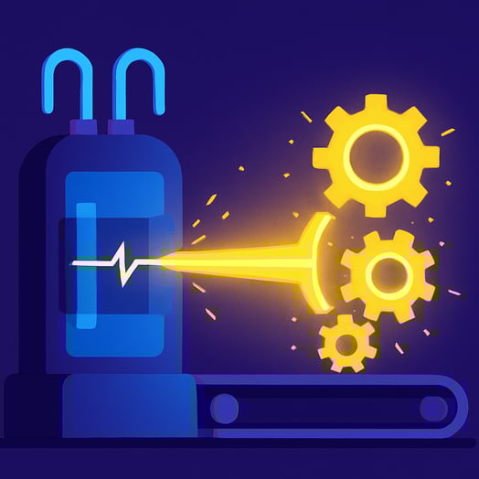 A conceptual flat vector illustration of a pulse magentizer The color palette features electric blues and deep purples for the capacitor and conveyor-3