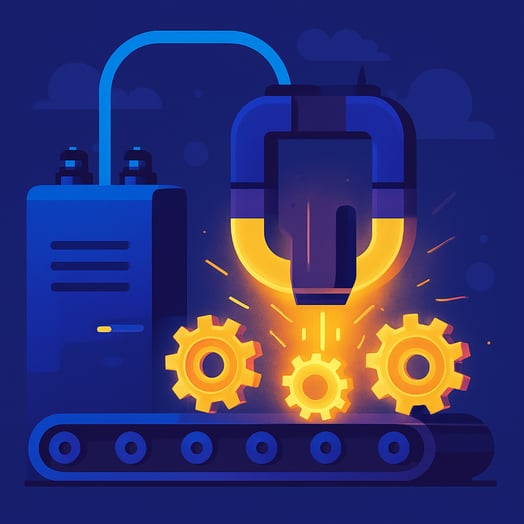 A conceptual flat vector illustration of a pulse magentizer in manufacturing The color palette features electric blues and deep purples for the capaci-1