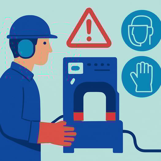 A conceptual flat vector illustration of a safety protocol for magnetizer operation The style is minimalist with geometric shapes and clean lines util-3
