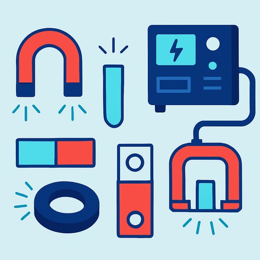 A conceptual flat vector illustration of a types of magnets that are charged by industrial magnetizers The style is minimalist with clean lines using-1