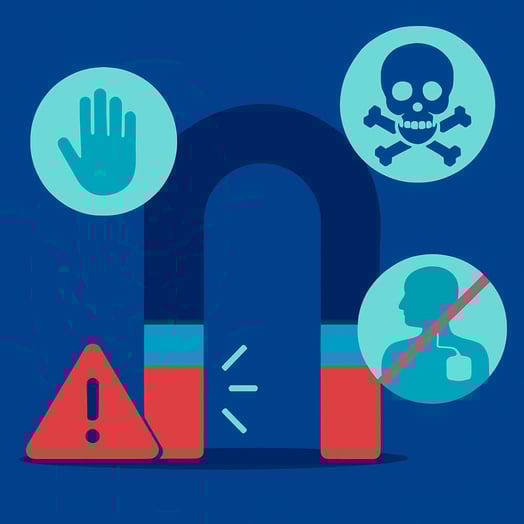 A conceptual flat vector illustration of core risks magnetizer safety  The style is minimalist with geometric shapes and clean lines utilizing a color