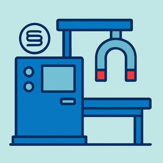 A flat vector illustration of a Industrial Magnetizers The style is minimalist with clean lines using a color palette of royal blue pale aqua and vivi-1