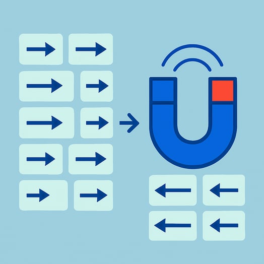 A flat vector illustration of a Magnetization Process The style is minimalist with clean lines using a color palette of royal blue pale aqua and vivid-1