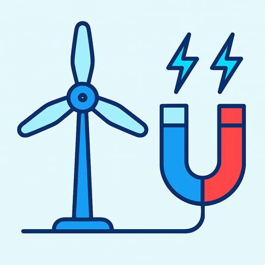 A flat vector illustration of a Turbine and magnet generator The style is minimalist with clean lines using a color palette of royal blue pale aqua an-1