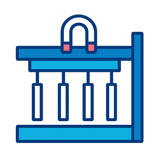 flat vector illustration of custom magnetizing fixtures The style is minimalist with clean lines using a color palette of royal blue strong cyan pale