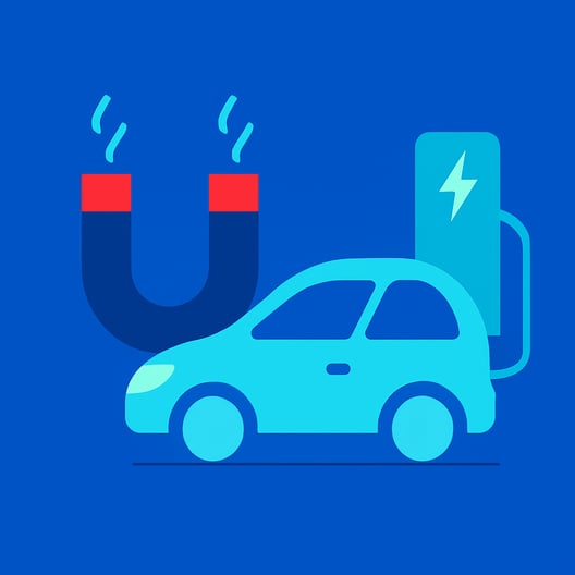 flat vector illustration of magnetics and EV The style is minimalist with clean lines using a color palette of royal blue strong cyan pale aqua and a-1