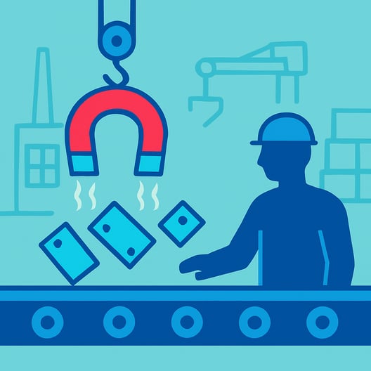 flat vector illustration of magnetization in production environments The style is minimalist with clean lines using a color palette of royal blue stro